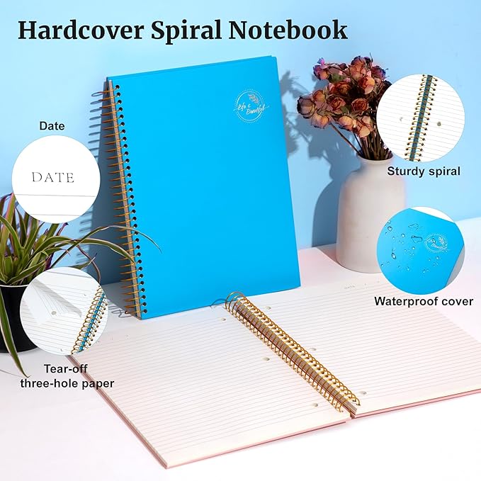 FLYING EAGLE Spiral Notebook 8.5 X 11, 1 Subject, 200 Pages College Ruled Notebook, 3-Hole Punched Paper, Hardcover Spiral Bound Notebooks for Work, School, Lined Note Taking, Blue