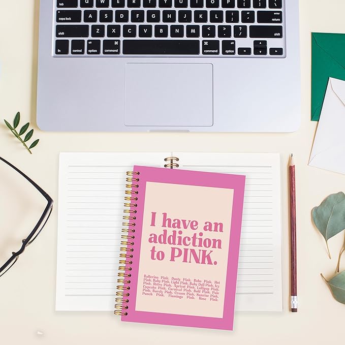 BearCake Preppy Pink Notebook Journal, Office Supplies, I Have an Addiction to Pink Hardcover Spiral Notebook 5.5x8.3, Desk Accessories for Women Office