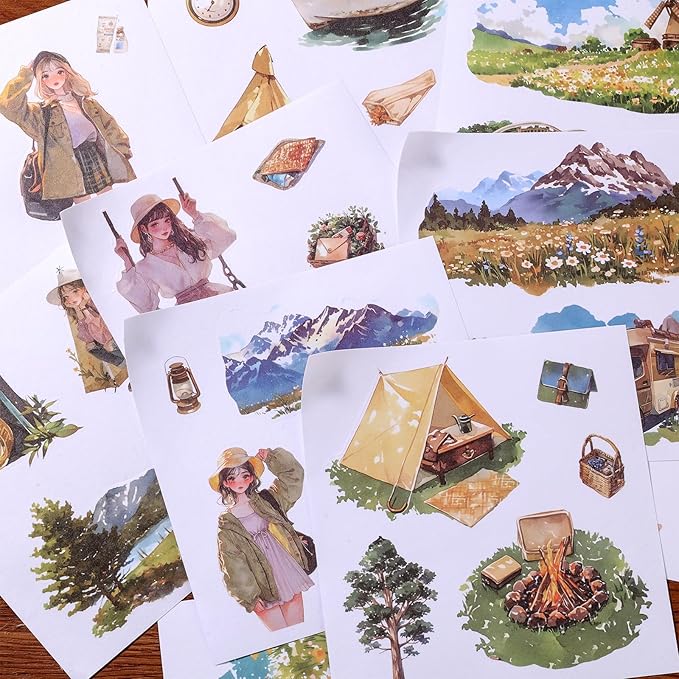 50 Sheets Outdoor Scrapbooking Camping Stickers 200 Pre-Cut Washi Stickers Camping Sticker Scrapbook Supplies Collage Decorative DIY Arts Craft Making