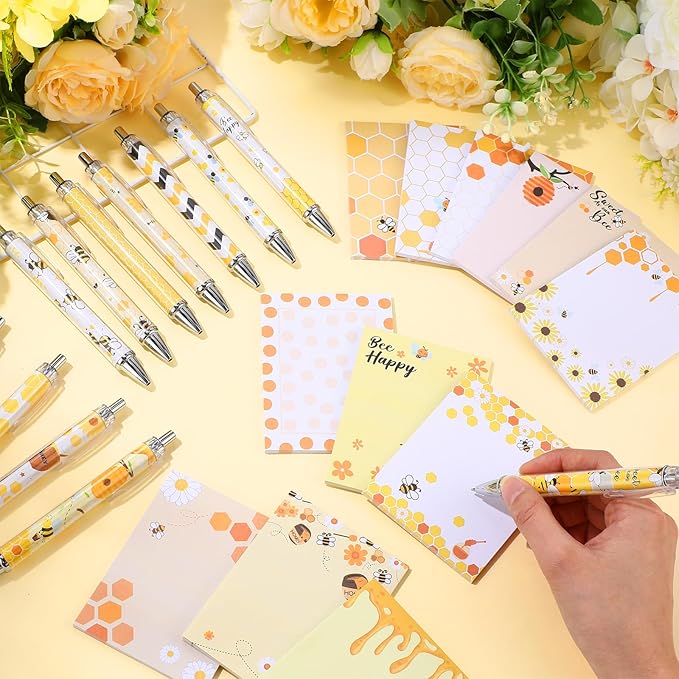 48 Pcs Bee Sticky Notes with Pens Bee Theme Stationery Set Cute Note Pads Adesive Memo Notes Honey Pattern Black Ink Ballpoint Pens for School Office Home Supplies Students Teachers Christmas