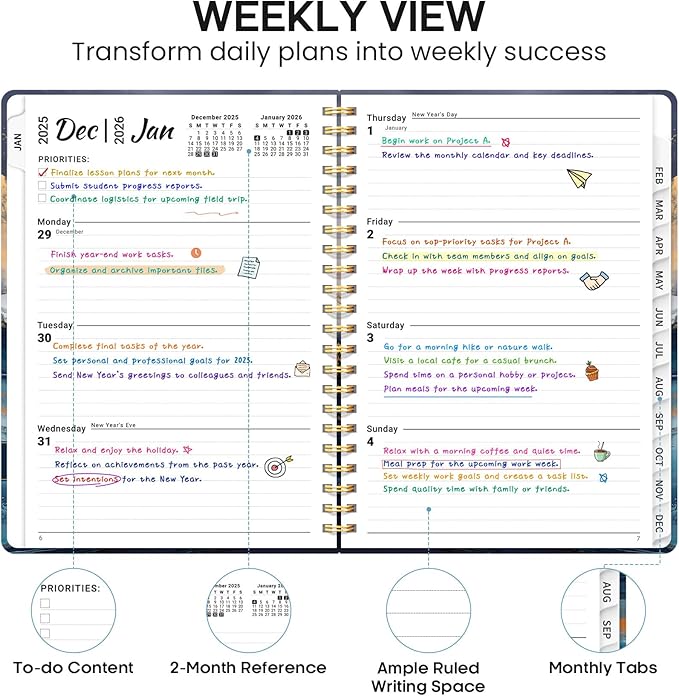 2026 Planner, Weekly and Monthly Calendar Planner Book, January 2026 - December 2026, Hardcover Spiral Planner with Monthly Tabs, Notes Pages, Perfect for Women & Men, A5 (6.4" x 8.5") - Abstract