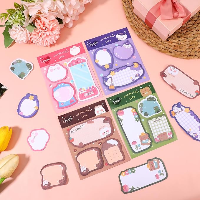 4 Pack Sticky Notes Kawaii Animal Posted Notes Set 240 Sheets Animals Shape Markers Flags Self-Stick Memo Pads Kawaii Small Self-Stick Note Pad for Office Roommates Home Kids Students (Set 2)