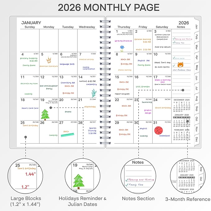 2026 Planner, Weekly ＆ Monthly Planner 2026, Jan 2026 – Dec 2026, 6.2" x 8.42", Flexible Cover, 12 Monthly Tabs, Thick Paper, Spiral Wirebound, Inner Pocket, Watercolor Flowers
