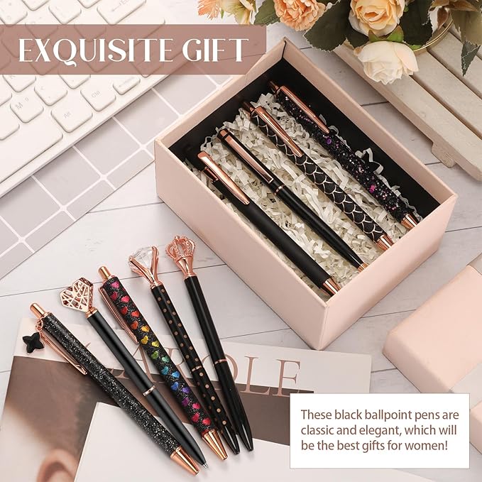 Janmini 9 Pcs Ballpoint Pens Set Metal Crystal Diamond Glitter Pens for Journaling Black Ink Pretty Cute Things Fancy Stationery Gifts for Women Girls Birthday Home Office Desk(Black)