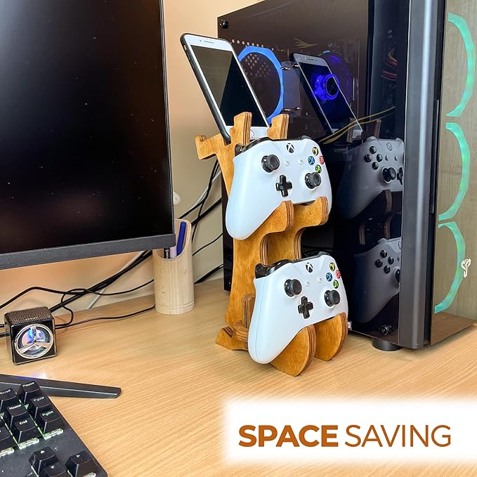 Wooden Controller Stand - Dual Game Controller Holder, Headphone Hanger and Phone Stand - Universal Gaming Acessories and Gamer Gift - Portable Headset Storage Organizer