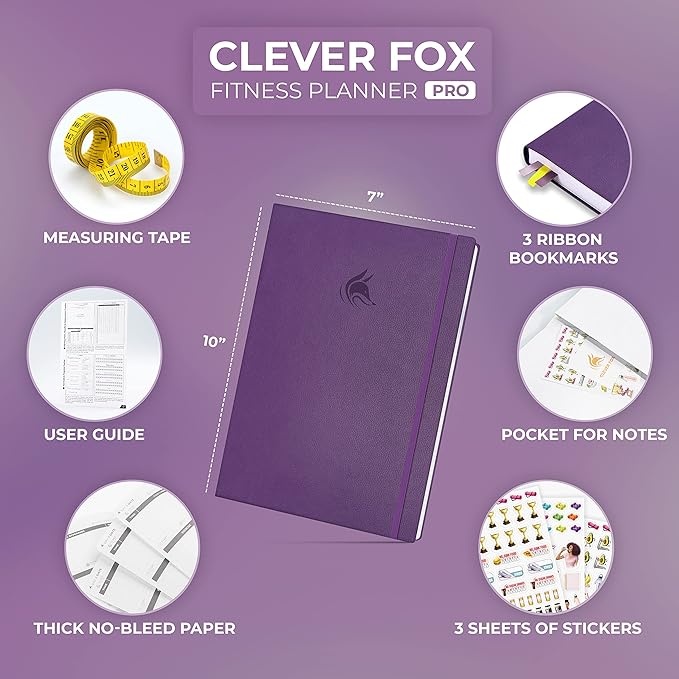 Clever Fox Fitness Journal PRO – Daily Workout Planner with Meal Planner & Habit Tracker – Gym Exercise Log Book for Women & Men – Fitness Planner Notebook – Lasts 6 Months, 7x10” - Purple