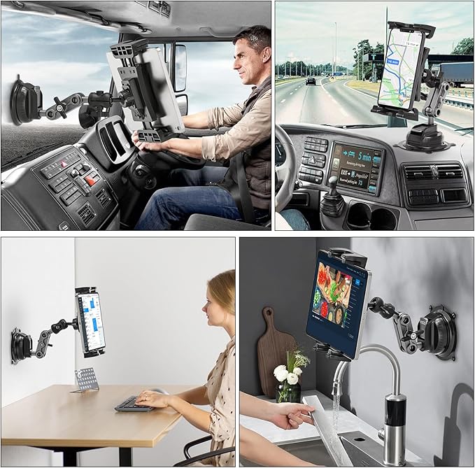 Tablet Mount for Truck, Car Tablet Holder Heavy Duty Super Suction Cup/Adhesive Base iPad Stand for Dash Windshield Wall Vehicle Desk, 360° Metal Bracket for 4.7-12.9" iPad Pro/Air/Mini/Galaxy