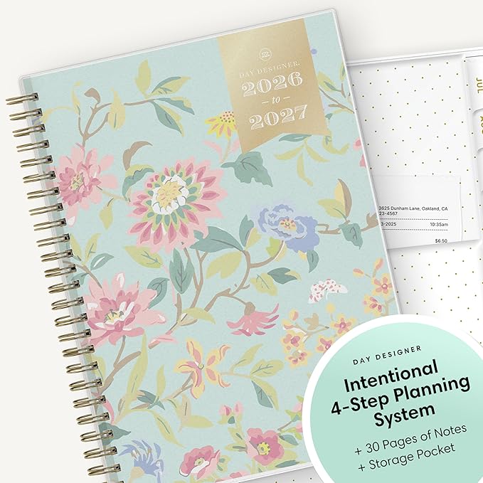 Blue Sky Day Designer 2026-2027 Weekly and Monthly Academic Year Planner Calendar, July 2026 - June 2027, 5.875" x 8.625", Flexible Cover, Laminated Tabs, Storage Pocket, Includes Stickers and 30 Extra Sheets of Notes, Climbing Floral Mint