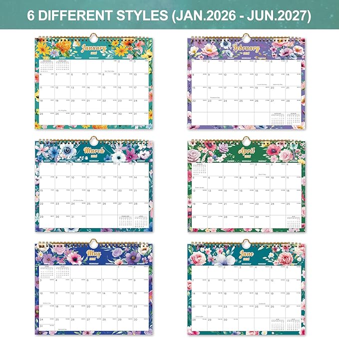Calendar 2026-18 Monthly Wall Calendar, January 2026 - June 2027, 8.5" x 11", Calendar 2026-2027 with Twin-Wire Binding, Hanging Hook, Blocks and Julian Dates (Flowers Wall Calendar)