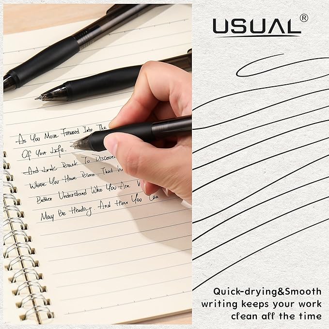 USUAL Gel Pens 0.5 mm,8 Pack Retractable Black Ink Pen Fine Point Rollerball Pens,Quick Dry Smooth Writing,No Bleed for Journaling Note Taking, Home School Office Supplies