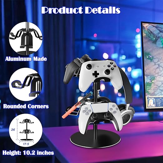 ZHGM Controller Stand 2 Tiers, Universal Gaming Headphone Stand Compatible with Xbox PS5 PS4 Nintendo Switch Pro, Aluminum Headset Holder Organizer Rack, Desktop Gamepads Holder, Black