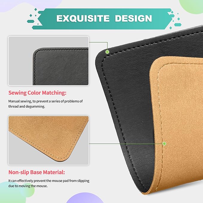 Mouse Pad, PU Mouse Pad，Leather Mouse Pad with Stitched Edge Micro-Fiber Base with Non-Slip Waterproof，Mouse Pad for Computers，Laptop, 8x11Inch (Charcoal Black)
