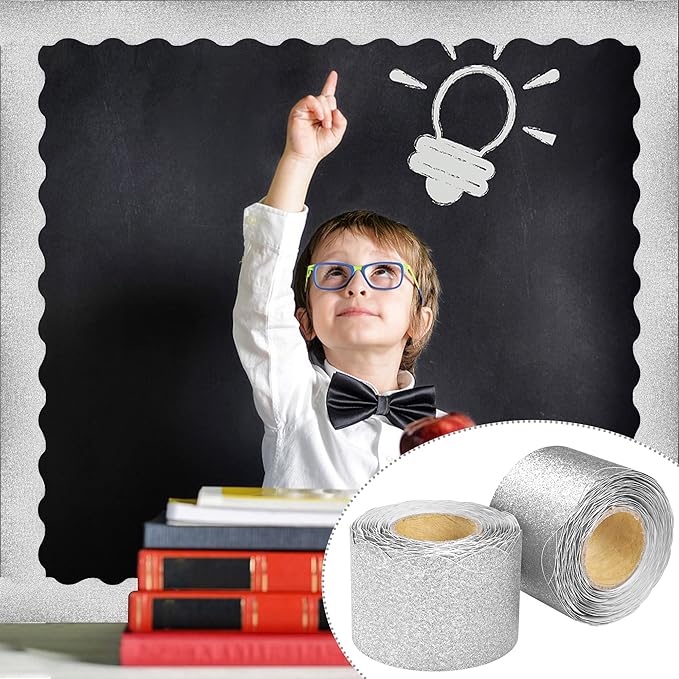 131Ft Silver Glitter Bulletin Board Borders Silver Scalloped Bulletin Board Trims Shiny Decorative Border Trims Sparkle Self-Adhesive Border Stickers for Classroom School Home Office Blackboard Desk