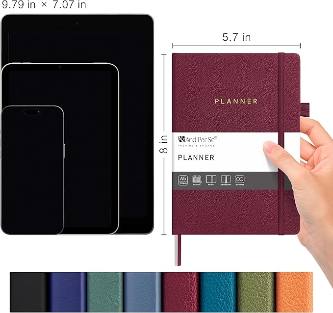 And Per Se Undated Planner – A5 Leather Hardcover Weekly & Monthly Goal Planner for 72 Weeks (1.5 Years) – with Goal & Habit Tracker (Dark Red)