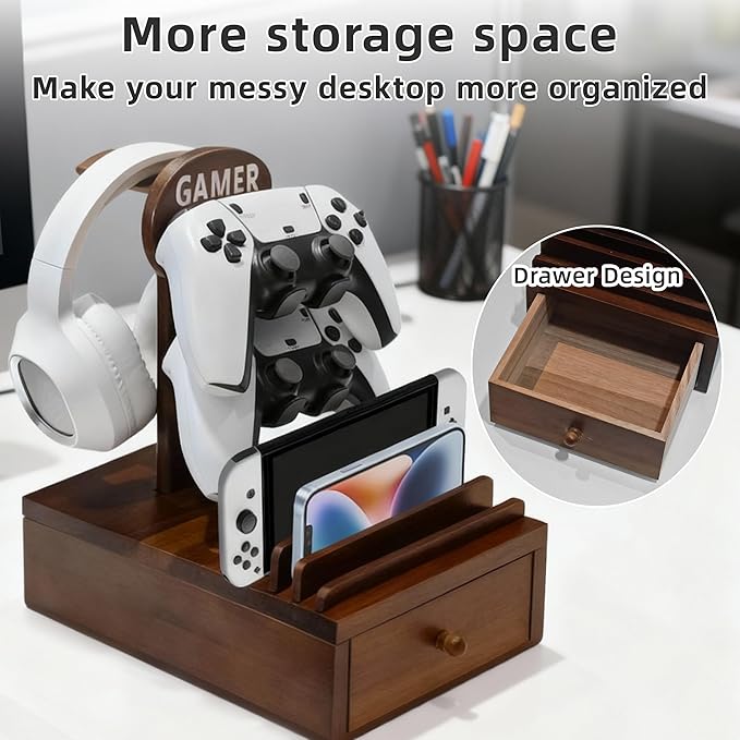 Gamer Wood Controller Holder and Headphone Stand with Storage Drawer for Gaming Equipment,Gamer Gifts for Teenage Boy,Gaming Desk Accessories for Men,Brother,Son,Boyfriend,Husband