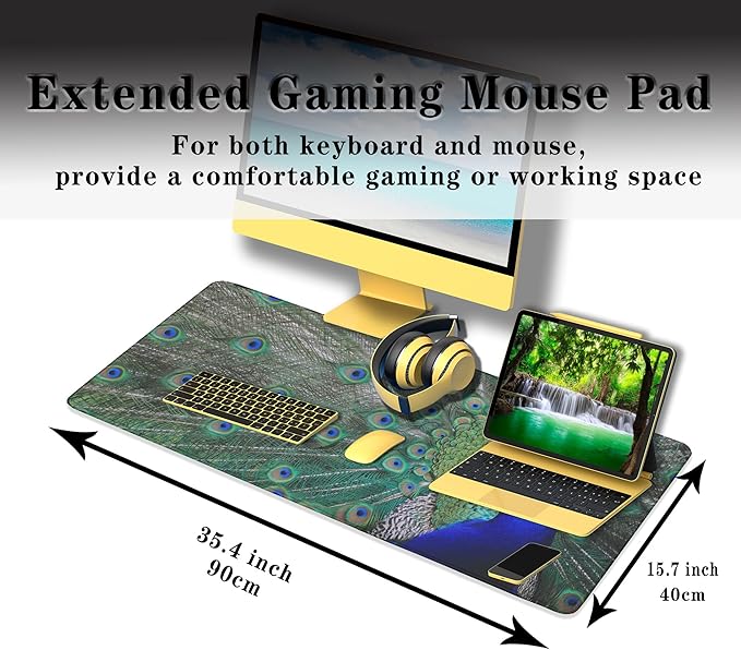 Computer Mat Blue mats, Large Mousepads Keyboard Mouse Pad, Chic Office Desk Accessories Non-Slip Rubber Base Waterproof with Stitched Edges, 35.4 X 15.7 inch for Work/Game/Office Peacock