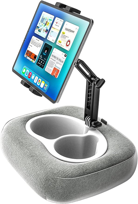 Pillow Tablet Holder Stand, 360°Adjustable Tablet Pillow Mount for Bed Lap Desk [Soft Skin-Friendly Fabric] fit for iPad, Galaxy Tab, Kindle, Fire, Phone, 4-13" (Detachable Washable, Gray)