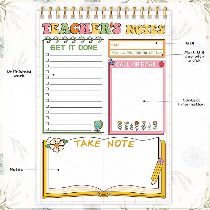 To Do List Pad - Spiral Bound Daily Tear Off Planner Notepad Undated with Checklist, 52 Sheets Vertical Design for Teachers, Office, Students, Appreciation Christmas Gifts (Wildflower)