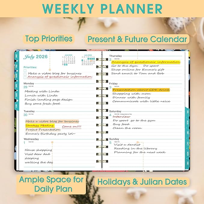 Ymumuda 2026 Planner, Daily Weekly and Monthly Planner，Jan 2026 - Dec 2026, 8.4" x 6.3", 2026 Calendar Planner Book with Tabs, Spiral Notebook with Inner Pocket for Office Home School Supplies