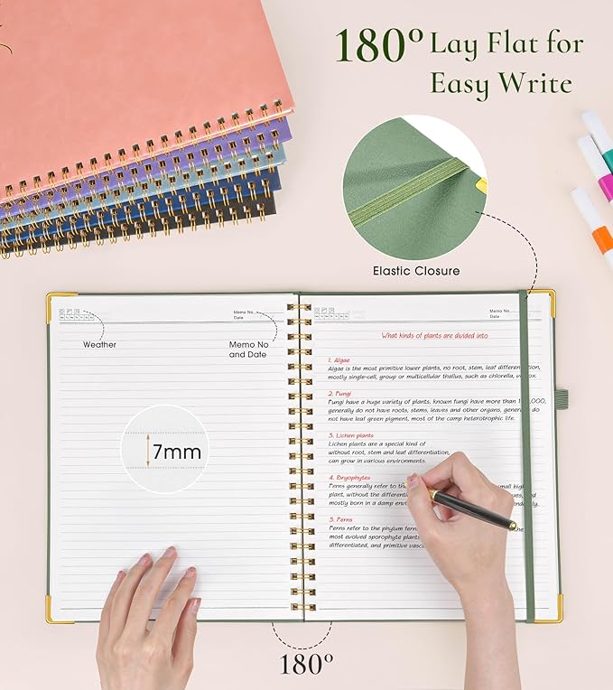 Hardcover Spiral Notebook Journal 8.5” x 11”, A4 Large Leather Notebooks for Women Men, Lined College Ruled Notebook, 100 GSM Paper, Spiral Bound Journals for Work School Note Taking Business, Green