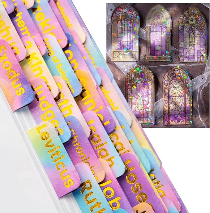 Bible Tabs with Unique Stickers, Laminated Bible Tabs for Women & Men, Christian Gifts, Large Print Bible Tabs for Easy Navigation, Bible Book Index Tabs Labels, Bible Study Supplies, Rainbow3 TZ1