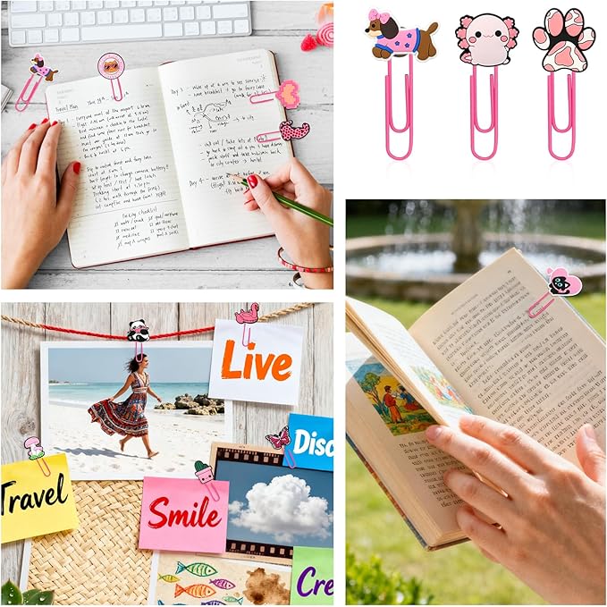 Cute Paper Clips, 30Pcs Pink Bookmark Paperclips Bulk Metal Fun Cute Pink Planner Clip Charms Clamp Desk Accessories Stationery Colorful Office Supplies Gifts for Student Teacher Party Decorative