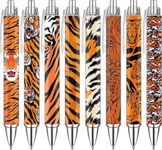 Idealmuzik Tiger Print Pens Set – Wild Animal Pattern Gel Pens for Kids, Teens, and Adults – Stylish Orange & Black Tiger Stripe Stationery for School, Office, Journaling, and Gift Giving, 8 Pack