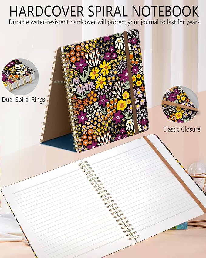 Spiral Journal Notebook, A5 Cute Notebooks for Women Men, College Ruled Hardcover Notebook for Work & Note Taking, 60 Pages Double-Wire Journals for Writing, Colorful Flowers