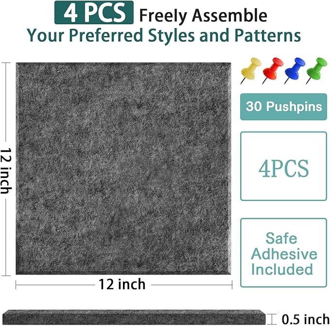 Felt Cork Board for Wall: Extra Large Bulletin Board for Office - 0.5 Inch Thick Corkboard Tiles 4 PCS Grey Pin Board Squares Adhesive
