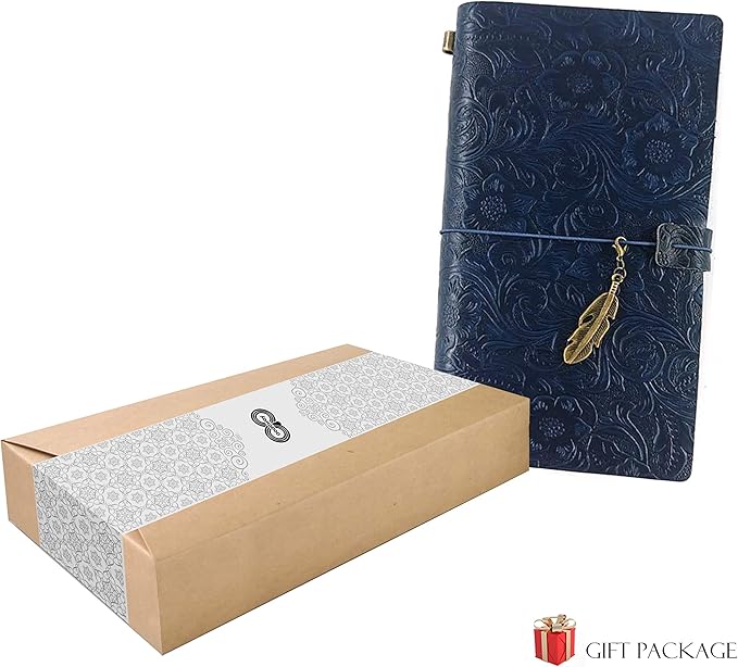 Refillable Leather Journal, Handmade Blue Leather Notebook with Bookmark for Men & Women, Vintage Leather Notepad Sketchbook Perfect for Writing, Gifts, Travelers (Blue, Standard)