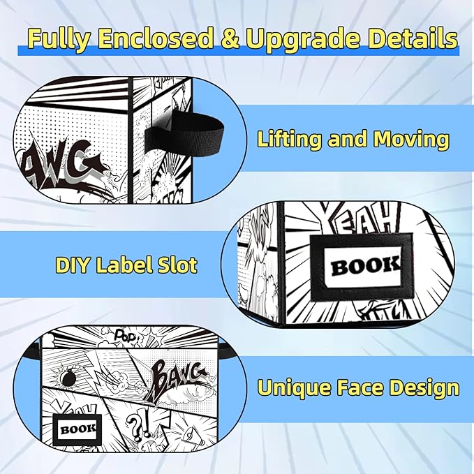 Comic Book Storage Box, 15.8" X 7.8" X 11.8", Heavy Duty Collapsible Holds 160-180 Comic Book Bin Container Holder Shelf (Cartoon Bombs)