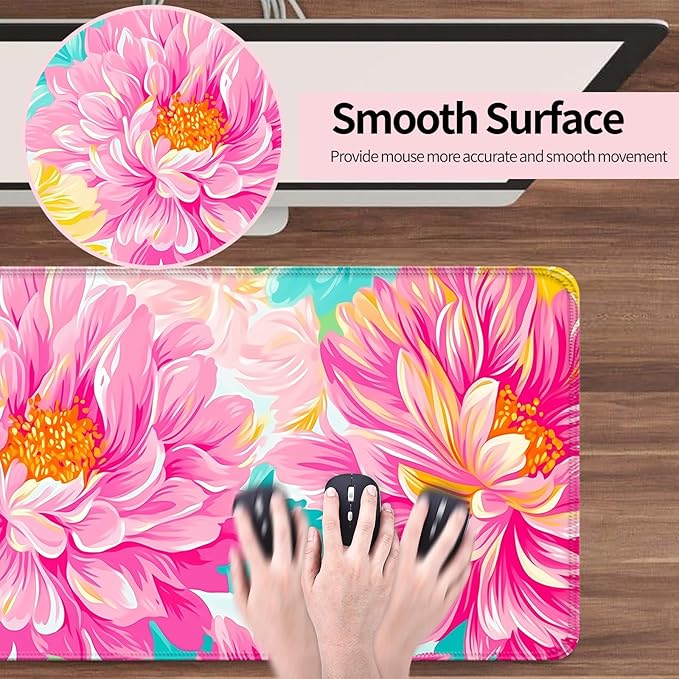 Pink Flower Gaming Desk Mat, Computer Keyboard Large Extended Long Floral Mouse Pad for Office and Home, XL (W29)