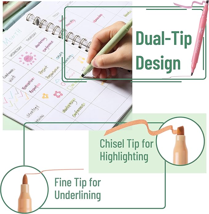 Mr. Pen- Dual Tip Highlighters, 8 Pack, Fine & Chisel, Cute Highlighters Assorted Colors, Dual Tip Markers