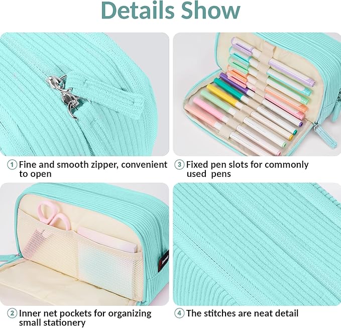 Sooez Big Capacity Pencil Case Pen Pouch, Soft Corduroy Pencil Bag with 3 Compartment, Multiple Pockets, Sturdy Zipper, Cute School Supplies Pen Bag Organizer For Teen Girls College-Mint Green