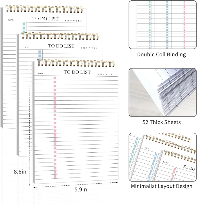 KAICN 3Pcs To Do List Notepad,Undated Daily Planner Notebook With To Do List Notepad,Planner Spiral Checklist for School Office A5 Size