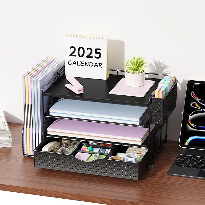 gianotter Wood Desk Organizers and Accessories with File Holder, 4-Tier Desk Accessories & Workspace Organizers with Drawer and Pen Holder, Paper Organizer for Office Supplies (Black)