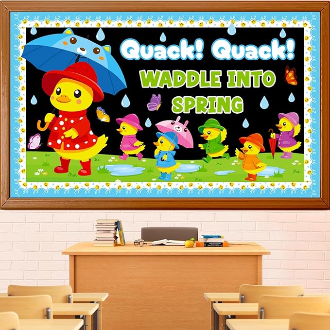 Spring Bulletin Board Decoration Set, Yellow Duck Quack Classroom Decorations Duck Butterfly Umbrella Cutouts March April Library School Nursery Home Window Wall Chalkboard Door Decor for Teacher