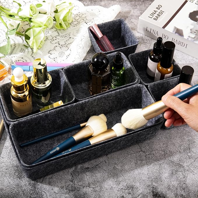 8pcs Drawer Organizer Bins, Felt Desk Organization Sets, Office Accessories & Workspace Organizers, Shallow Jewelry Makeup Storage Box Basket Shelf Containers Separators Inserts(Black)