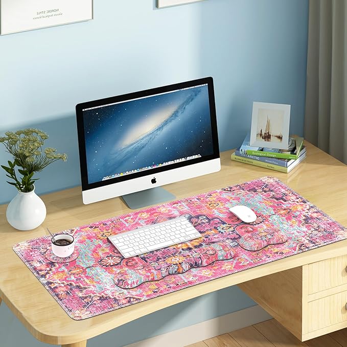 iLeadon Desk Mat Set, Mouse Pad with Wrist Rest + Keyboard Wrist Rest + Large Mouse Pad + Coaster, 4in1 Rug Large Gaming Mouse Pad Set for Home Office, Boho Retro Art