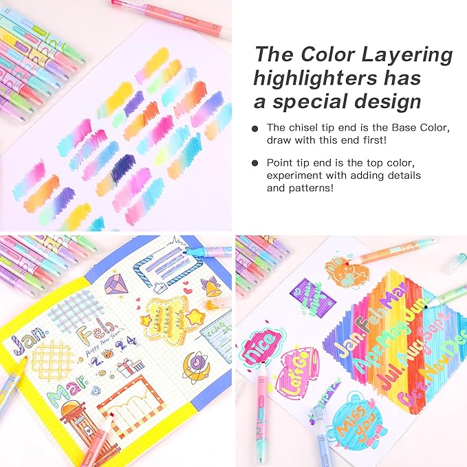 Color Layering Double Sided Markers,16pcs 32Colors Dual Tip Magic Markers,Broad and Fine Tips,Color Changing washable markers,Dry-Quickly Non-Toxic Pens for Bullet Journal,Coloring books