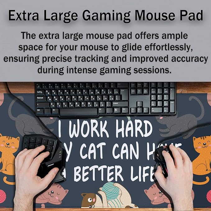 Full Size Mouse Pad Funny Cat Cute Gaming Mouse Pad Extra Large Mouse Pads Computer Mat Work Desk Mat Non-Slip Rubber Base Waterproof with Stitched Edges 35.4" X 15.7" for Game Office,