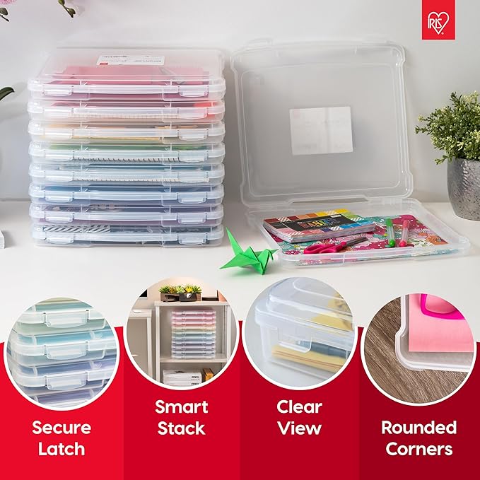 IRIS USA Board Game Storage Craft Organizer Box with Snap-Tight Latch Lid, 4-Pack Portable Plastic Case Bin for Puzzles, Magazines, Hobbies, Art Supplies, Fits 8.5" x 11" & A4 Papers, Slim, Clear