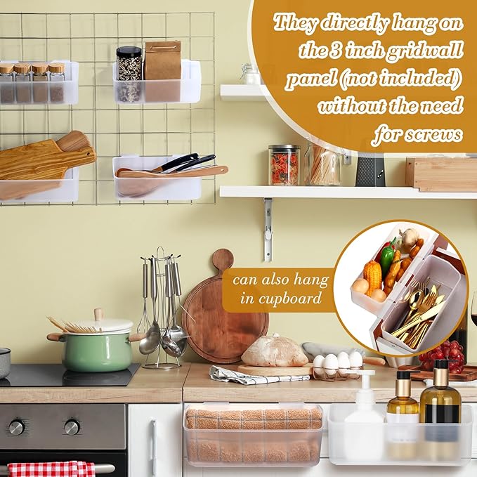 Gridwall Baskets, Grid Wall Storage Bin Plastic Grid Wall Panels Bins for 3 Inch Gridwall Panel for Organizing Storage Display Kitchen Home Office Garage Bathroom(Clear,6 Pcs)