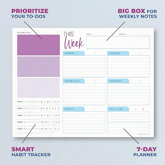 Weekly Planner Pad - Undated Planner - To Do List Notepad - Habit Tracker - 11 x 8.5" - 52 Tear-Off Sheets - Daily Planner Undated for Home Work Office Business - Goal Planner - Cute Planner (Purple)