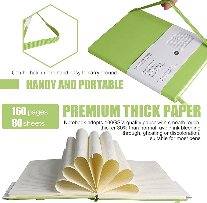 Lined Journal Notebook, 10Pack Hardcover Notebook for Men & Women – Journals for Writing, Work, School, Home & Daily Notes, 160 Pages – Medium A5, 5.7"x8", 100 gsm Thick Paper (Grass Green)