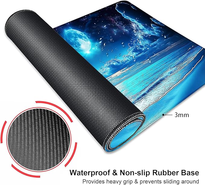 Blue Full Moon Sea Beach Large Mouse Pad, Desk Mat Computer Keyboard Pad Non-Slip Rubber Base Waterproof with Stitched Edges for Laptop Gaming, Office & Home 31.5 x 11.8 Inch