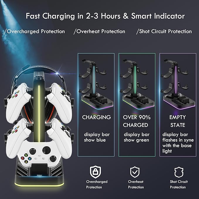 Controller Charger with Headphone Stand for Xbox Series X|S/Elite 2/One/One X/One S/One Elite, RGB Controller Charging Station Dock for Xbox, Headset and Controllers Holder Stand, 3 USB Ports