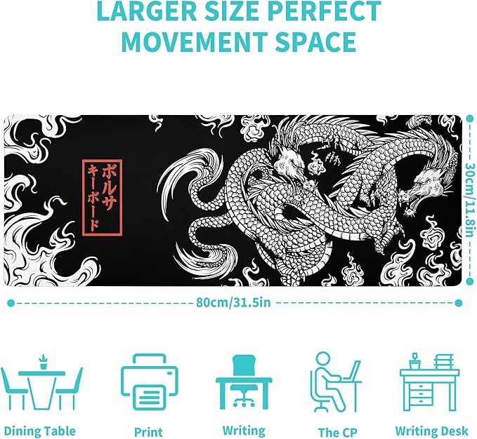 Black and White Mouse Pad Extra Large Gaming Mousepad Dragon Desk Mats Japanese Full Keyboard Mat Computer Pad Desk Mat with Stitched Edges Non-Slip Desktop 31.5 x11.8 in