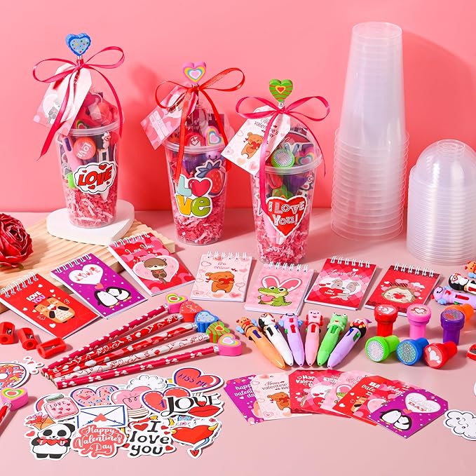 LiYiQ 247 Pcs Valentine's Gifts for Classroom Valentine's Day Return Gifts, Stationery Gifts from Teacher, Pencil Erasers Notebooks Stickers Stamps Goodie Bags Rewards Prizes