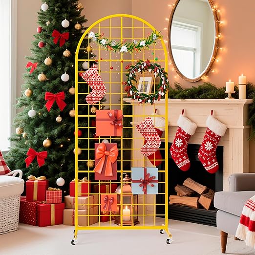 Grid Wall Panel 1PCS Display Stand 2' x 5.2' FT Gold Grid Wall Panels Movable Retail Display Racks Floorstanding Gridwall Heavy Duty with Wheel for Art Craft Photo Displays Fair Trade Show